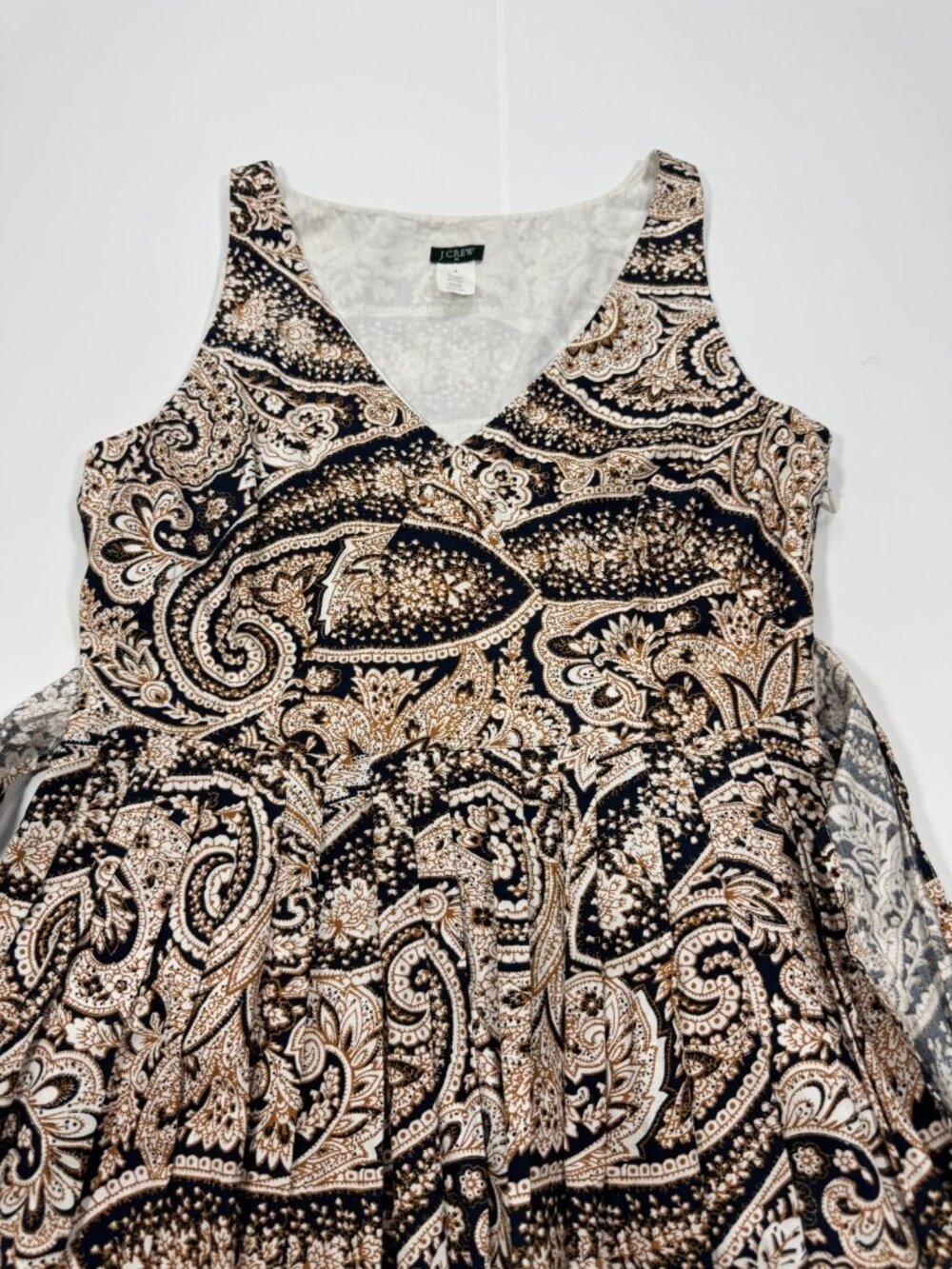 J.Crew Dress Women's 8 White Paisley Cotton Fit & Flare Belted Lined Pleated